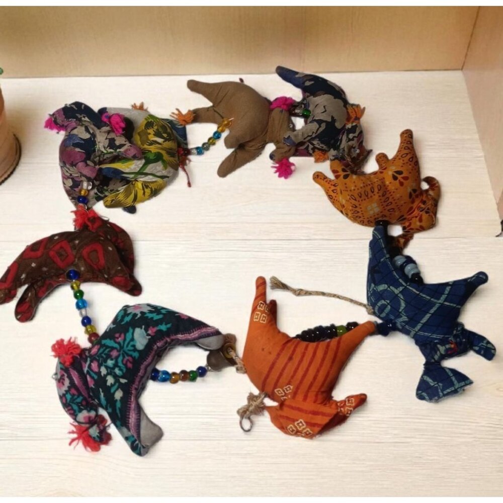 Vintage 36" Handmade Indian 9 Elephant Hanging Garland Beaded String W Bell BOHO